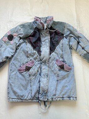 Vintage 90s denim coat womens large patchwork mid length quilted jean flowers